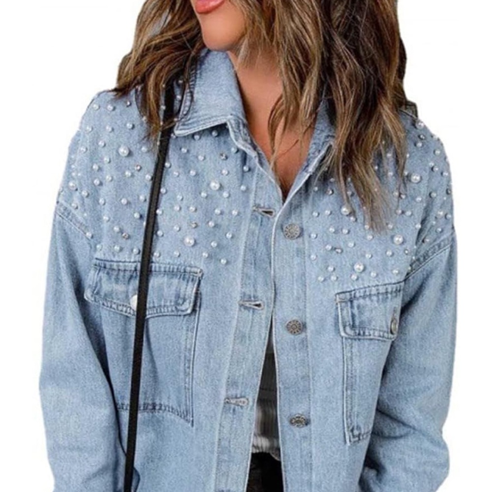 S Women Sparkling Beads Denim Jacket Casual Buttoned Down Pocket